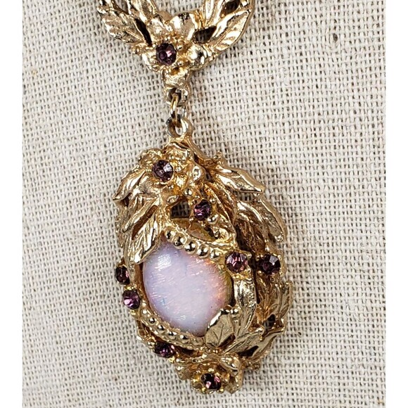 Vintage Victorian Fire Opal & Purple Rhinestone Goldtone 15" Chocker Necklace - Picture 11 of 16
